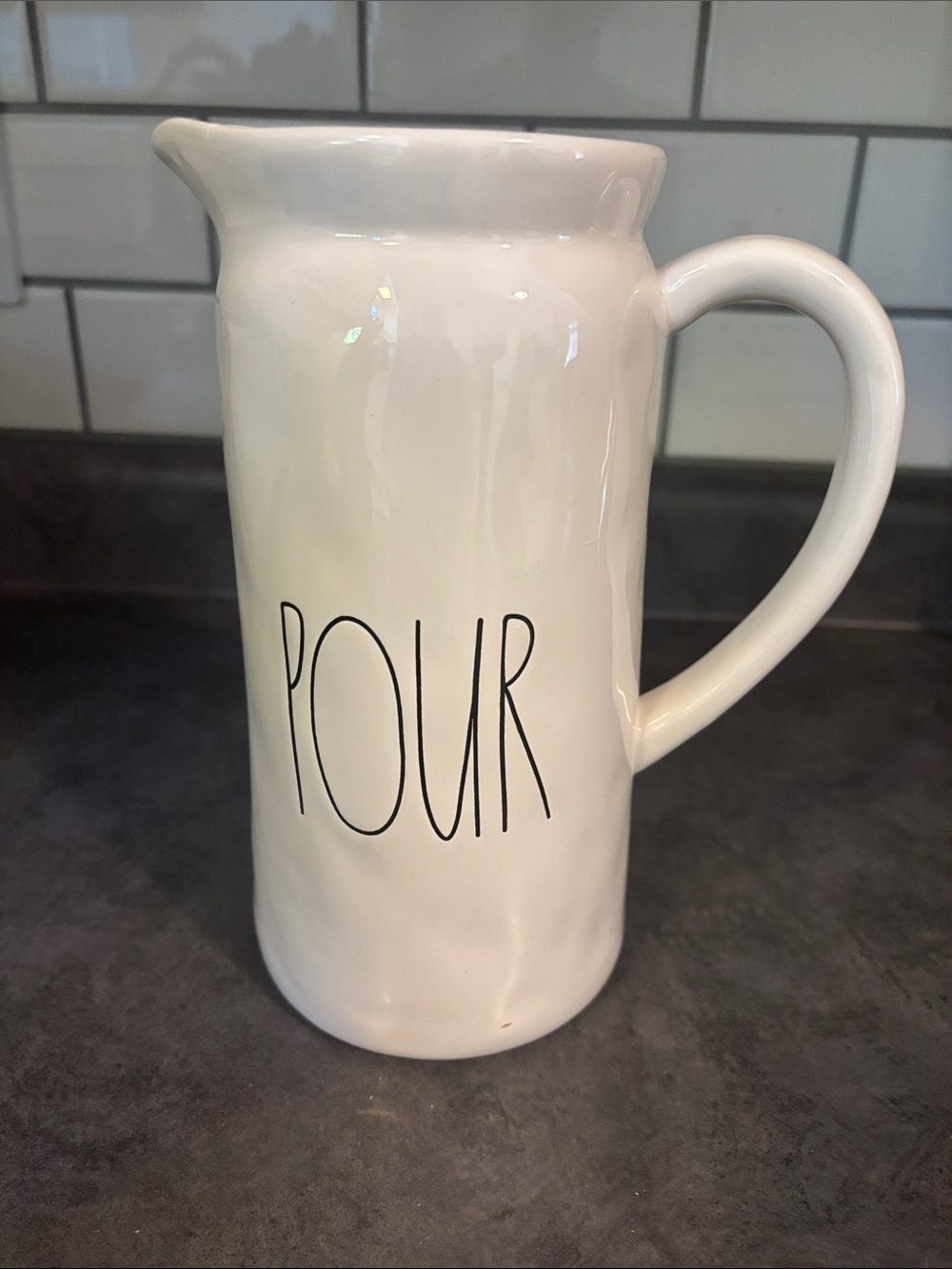 Rae Dunn White Ceramic Pitcher with Black 'POUR' Lettering